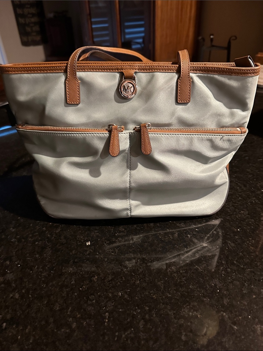 Michael Kors saige green tote with Brown Trim and Silver MK Accent